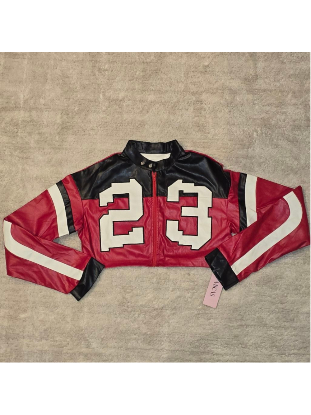Women's MICAS Red & Black Cropped Faux Leather Jacket S - Picture 3 of 8